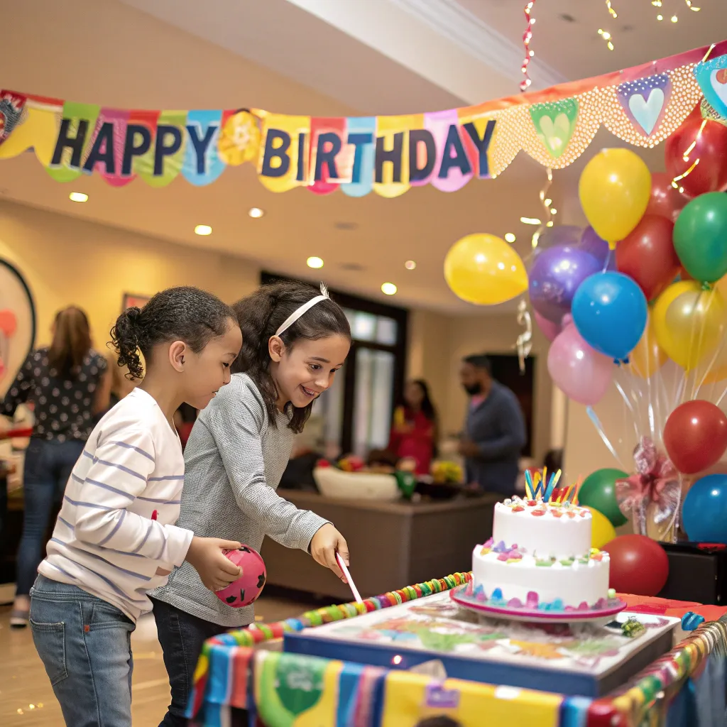A child's birthday party with vibrant decorations